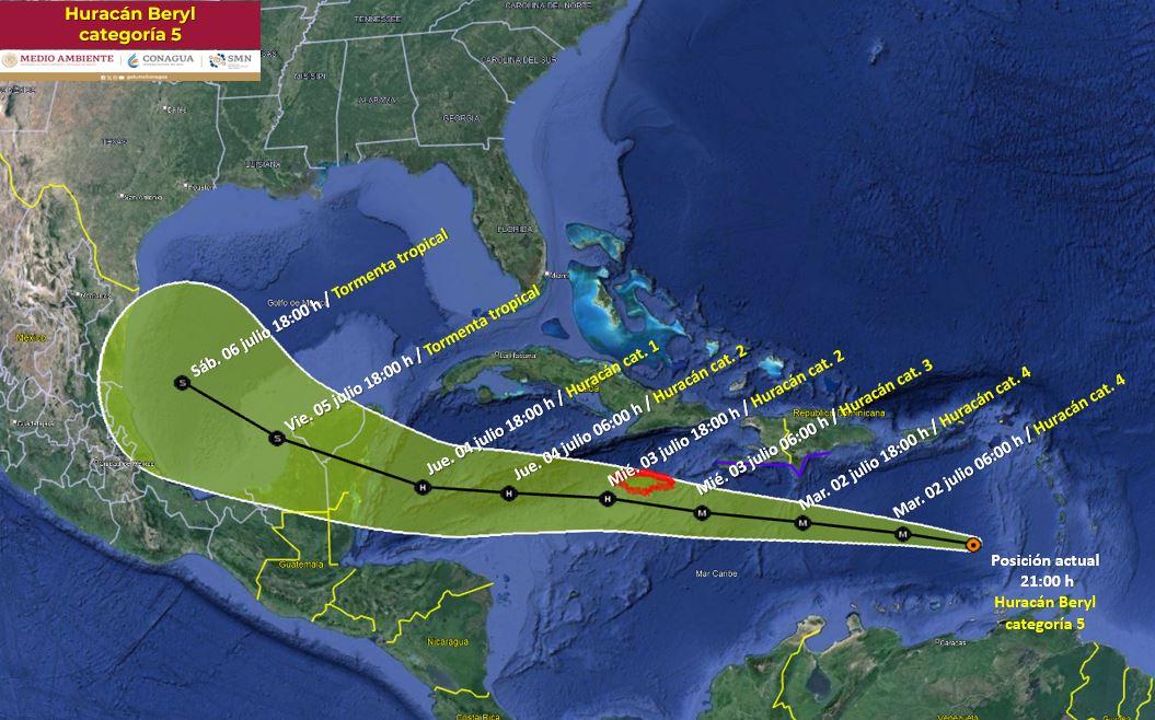 Huracán Beryl sube a categoría 5, se acerca a territorio nacional